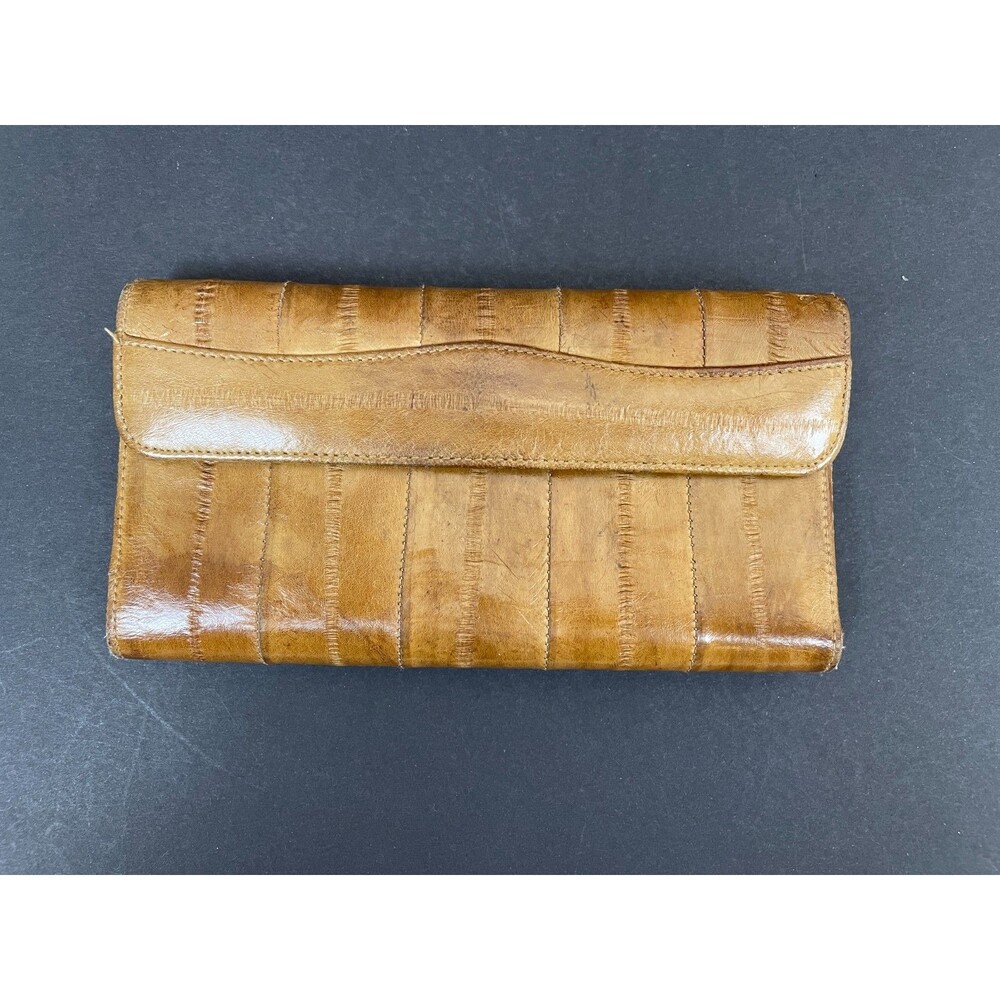 Genuine Eel Skin Wallet Clutch Checkbook Pen Holder Tan Card Slots Lightweight